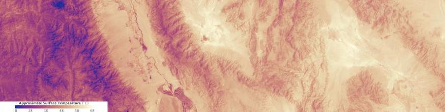 The image shows the heat emanating from Death Valley on 30 June 2013. The measurement is surface temperature as measured by the Thermal Infrared Sensor on the Landsat 8 satellite. The accompanying natural color view from the Operational Land Imager on Landsat 8 shows that the cooler areas are either higher in elevation or covered with plants. Image: NASA. The image shows the heat emanating from Death Valley on 30 June 2013. The measurement is surface temperature as measured by the Thermal Infrared Sensor on the Landsat 8 satellite. The accompanying natural color view from the Operational Land Imager on Landsat 8 shows that the cooler areas are either higher in elevation or covered with plants. Image: NASA.