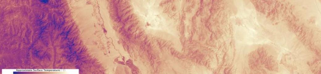 The image shows the heat emanating from Death Valley on 30 June 2013. The measurement is surface temperature as measured by the Thermal Infrared Sensor on the Landsat 8 satellite. The accompanying natural color view from the Operationa