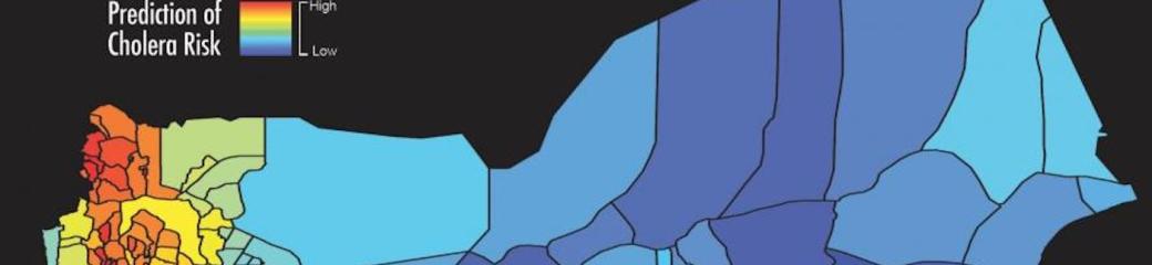The map shows the predicted cholera risk based on analysis and satellite data in Yemen, June 2017. Blue color indicates low risk of cholera while red color indicates high risk of cholera. Image: West Virginia University/Antar Jutla.