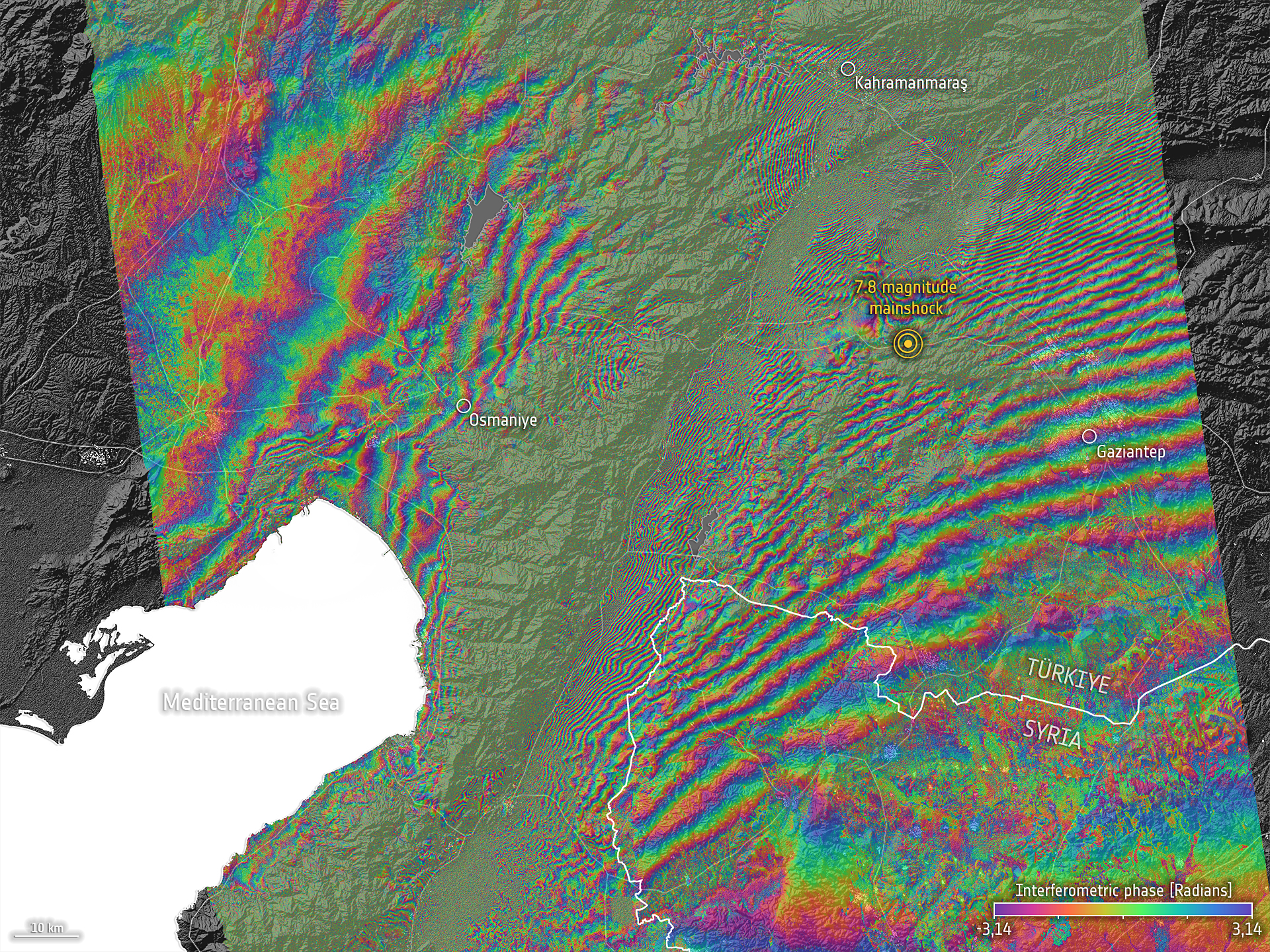 Interferogram of the surface displacement triggered by the earthquake in Türkiye.  (Image courtesy of ESA).