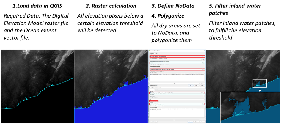Workflow to create Storm Surge products using UN-SPIDER Recommended Practices: Use of Digital Elevation Data for Storm Surge Coastal Flood Modelling